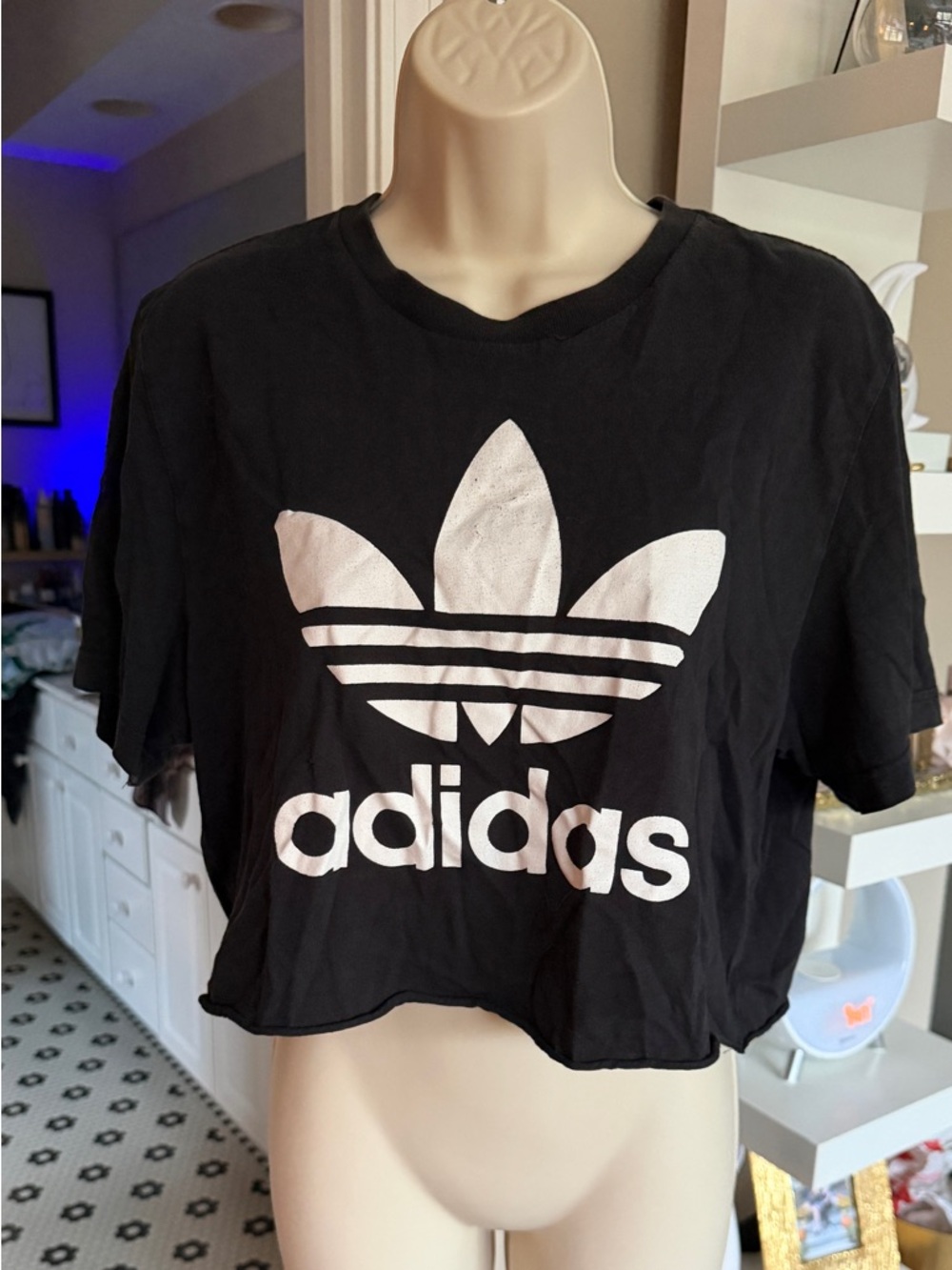Adidas Black Cropped Trefoil Tee — White Logo